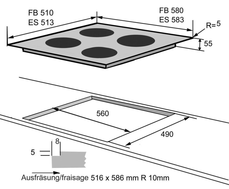 FORS Vitrocéramique cadre en inox 60 cm 58 cm HC 641 ES