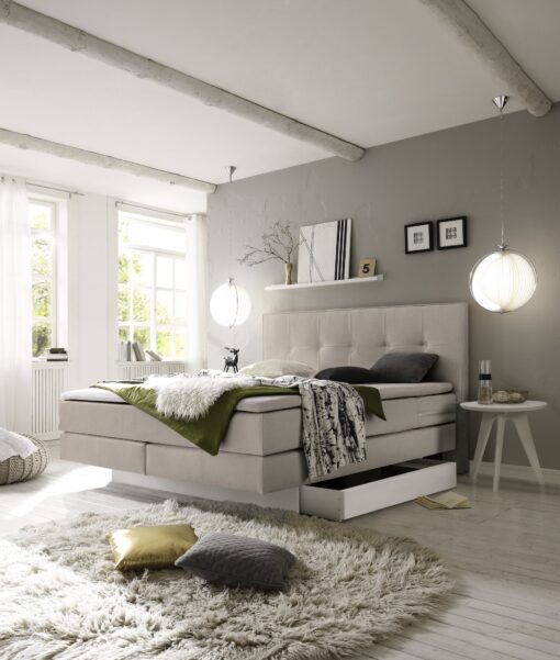 Lit boxspring incl. espace de rangement Miami Hasena 140x200 cm Beige / Blanc_1