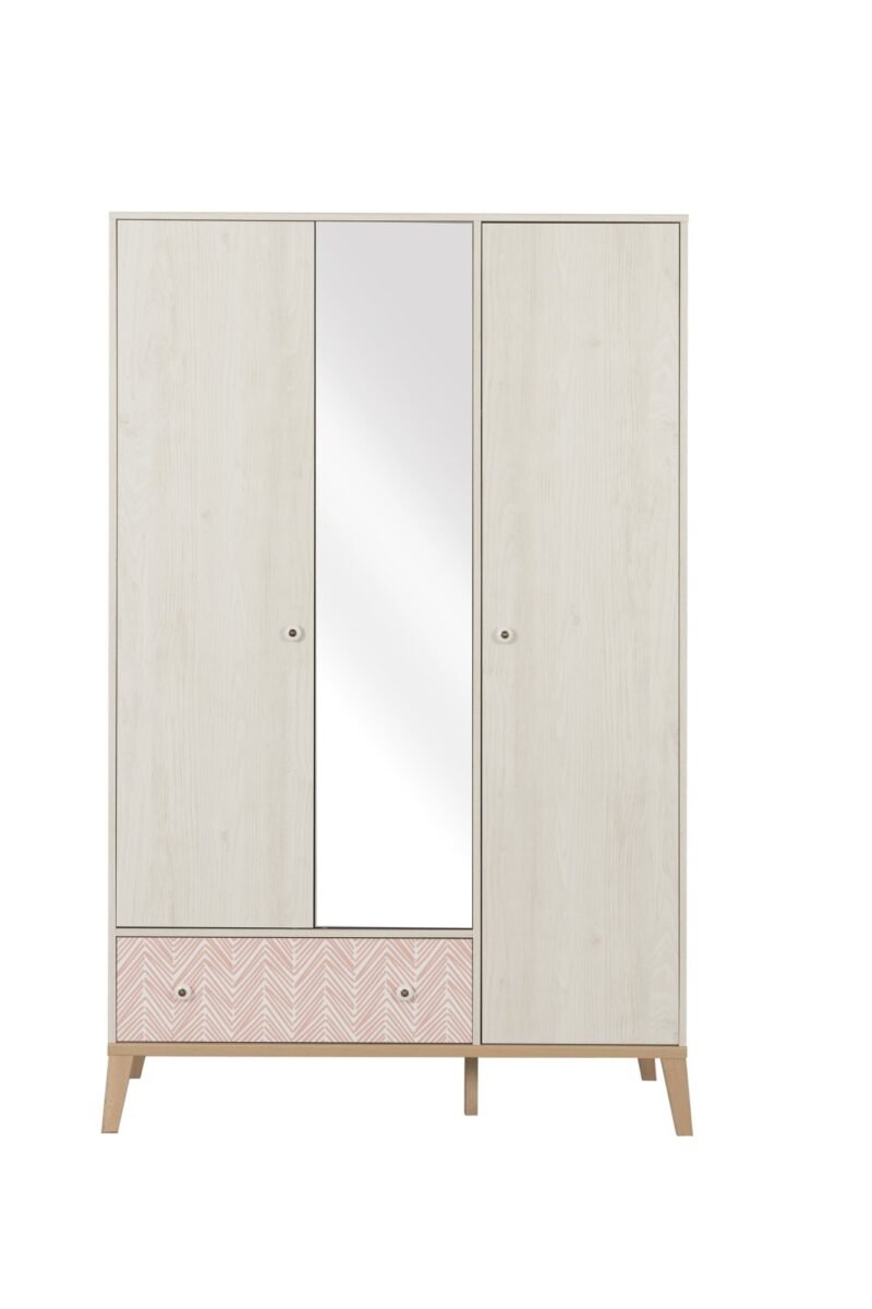 Armoire 3 portes 1 tiroir ALIKA Châtaignier blanchi Blanc 126x58