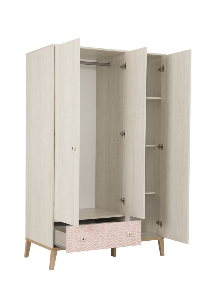 Armoire 3 portes 1 tiroir ALIKA Châtaignier blanchi Blanc 126x58 – Image 3