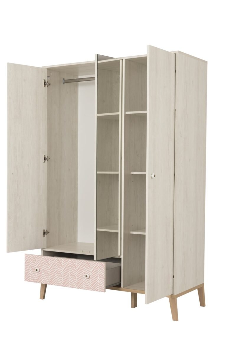 Armoire 3 portes 1 tiroir ALIKA Châtaignier blanchi Blanc 126x58 – Image 4