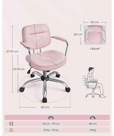 Songmics Chaise de bureau avec dossier rembourré et accoudoirs, Rose 1