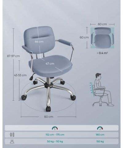 Songmics Chaise de bureau avec dossier rembourré et accoudoirs, Bleu 1