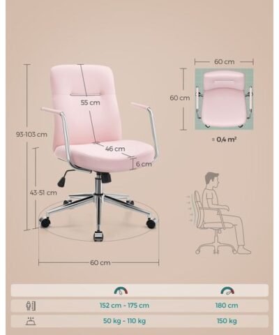 Songmics Chaise de bureau avec dossier rembourré et accoudoirs, Rose 1