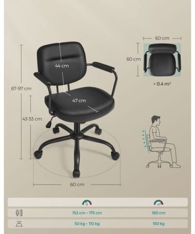 Songmics Chaise de bureau avec dossier rembourré et accoudoirs, Noir 1