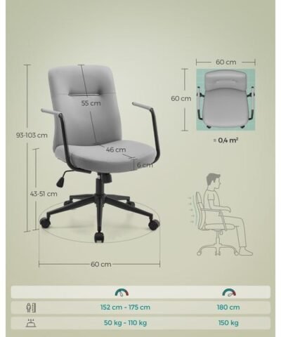 Songmics Bürostuhl mit Polsterrücken und Armlehnen, Grau 6