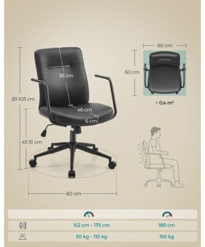 Songmics Bürostuhl mit Polsterrücken und Armlehnen, Schwarz 7