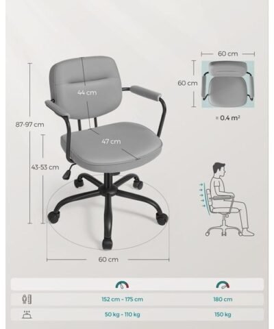 Songmics Bürostuhl mit Polsterrücken und Armlehnen, Grau 4